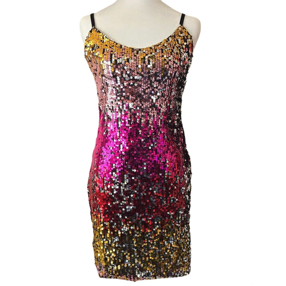 Chic Lover All Over Sequins Tank Dress Sunset Pink Yellow Party Dance New Years